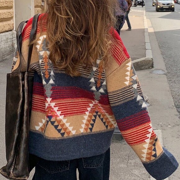 Multicolor Casual Women's  Geometric Pattern Lapel button down Cardigan - Picture 2 of 4